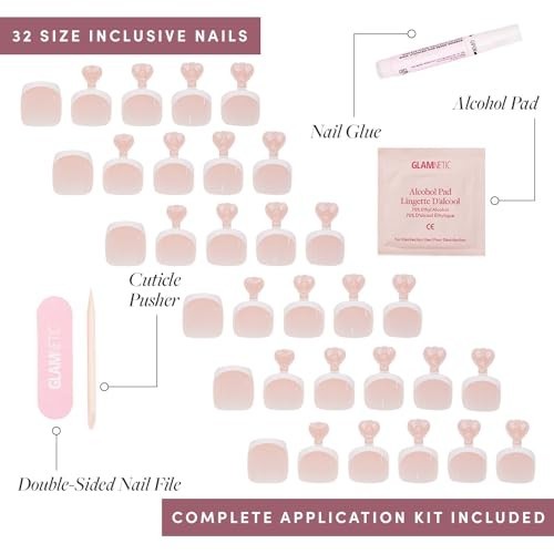 Classic White French Tip Press-On Toenails | 32-Piece Kit with Glue | Glossy Fin