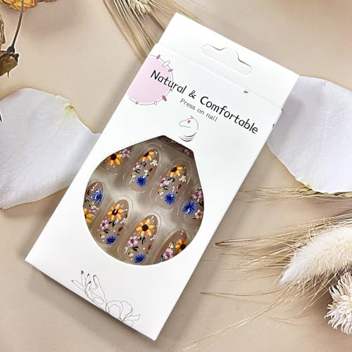 Flower Press on Nails Almond Medium Spring False Nails 3D Florals Design Full