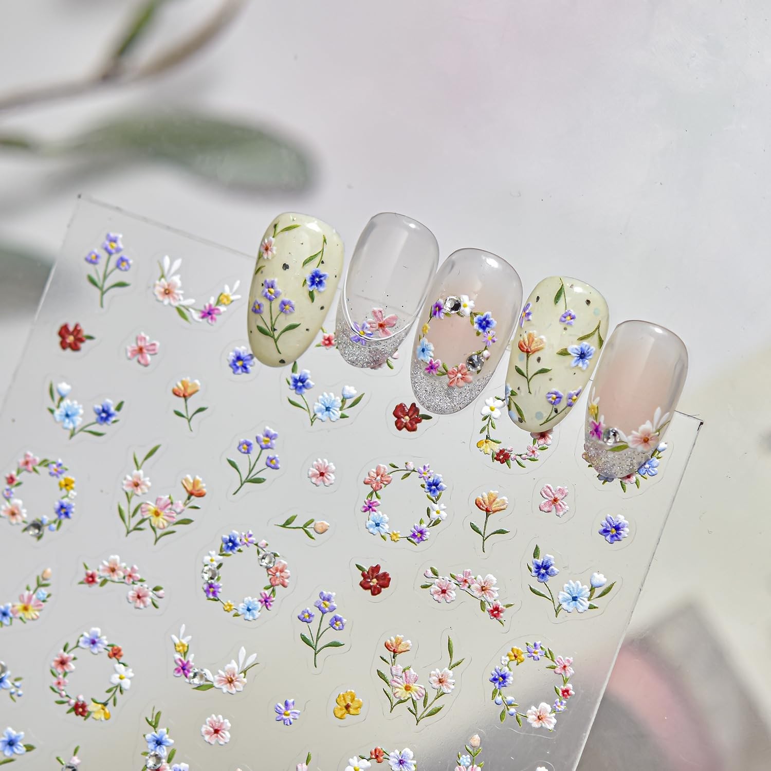Flower Nail Stickers Pink Blue Nail Decals 1PCS -Adhesive Cute Floral Ring Na…