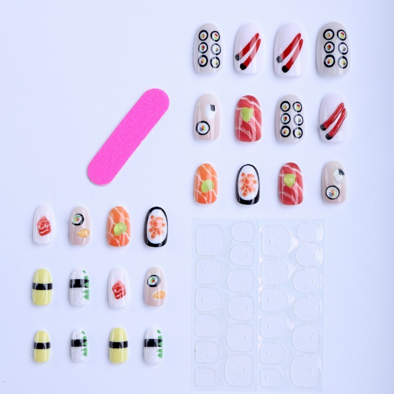 48pcs-Cute Food Fake Nails with 3D and Hand-Painted Sushi Designs, Short Square