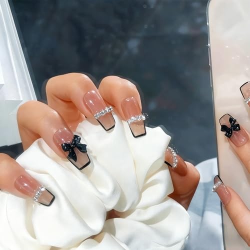 Black French Tip Press on Nails Medium Coffin Fake Nails with Bow, Style-25