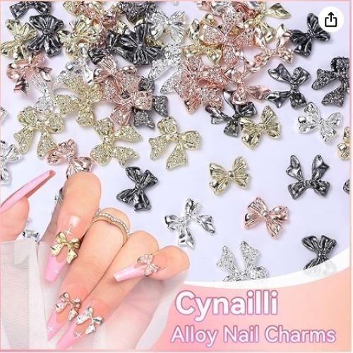 60pcs Bow Nail Charms 3D Metal Gems Gold Silver Black Nail Art Set