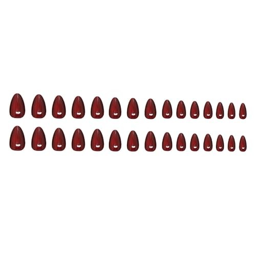 Short Almond Press on Nails Wine Red Fake Nails Glass Bead Cat Eye Almond-06