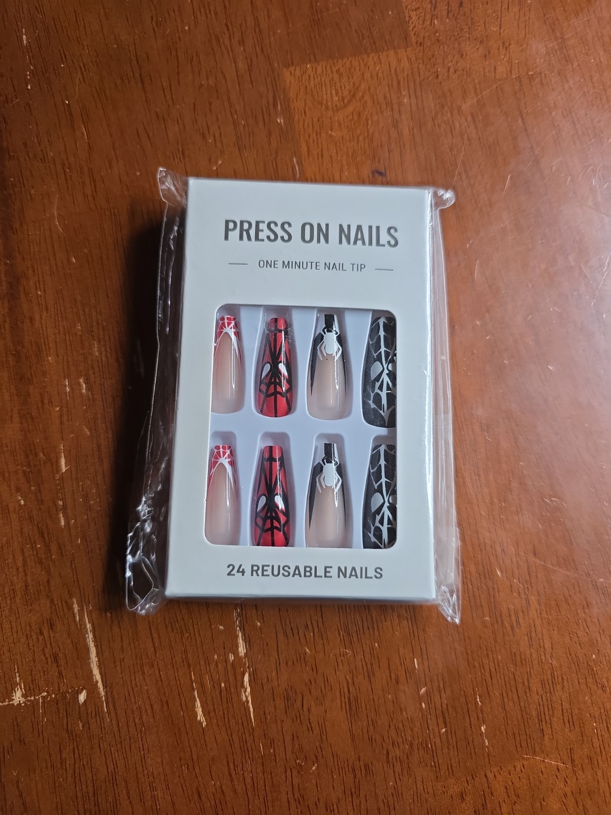 Long Coffin Black, White, & Red Spider-Man French Tip Press On Nails GM7