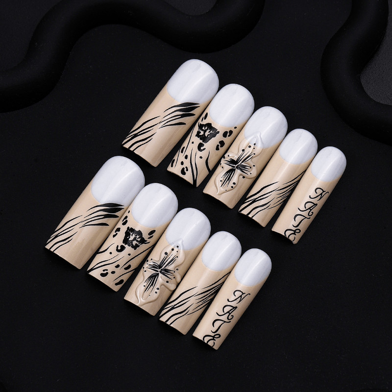 48Pcs Long French Tip Black Floral Leopard Press on Nails Glossy Fake Nails