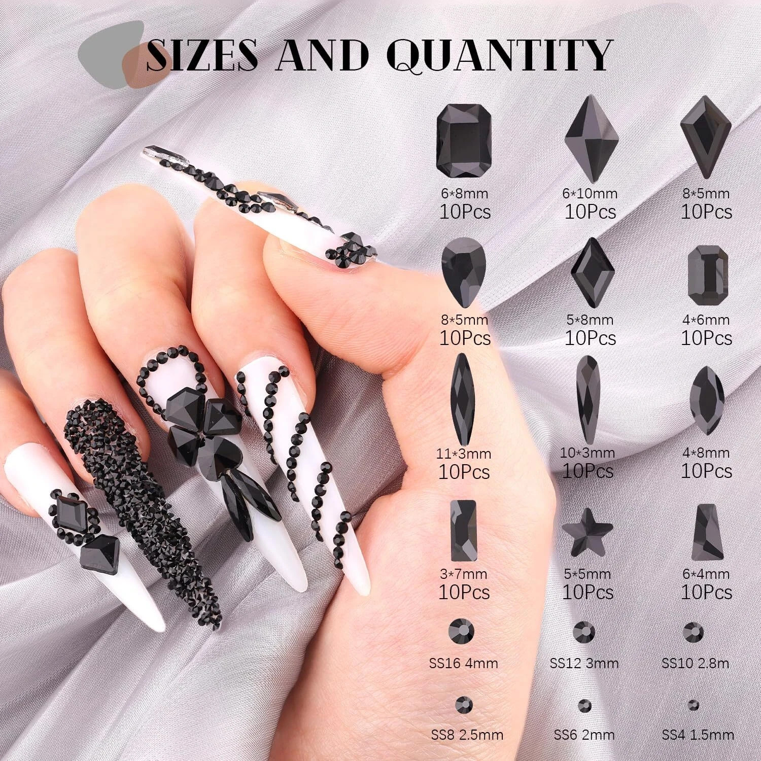 3220Pcs Black Glass Nail Rhinestones 120Pcs Multi Shapes Flatback Nail Gems +