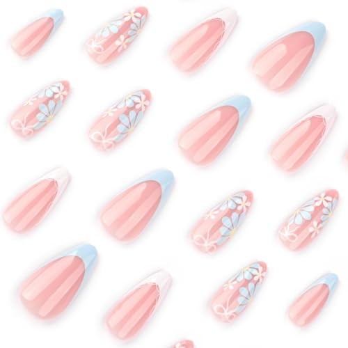 Flower Press on Nails – Medium Almond Fake Nails with French Tips – Short ACE-30