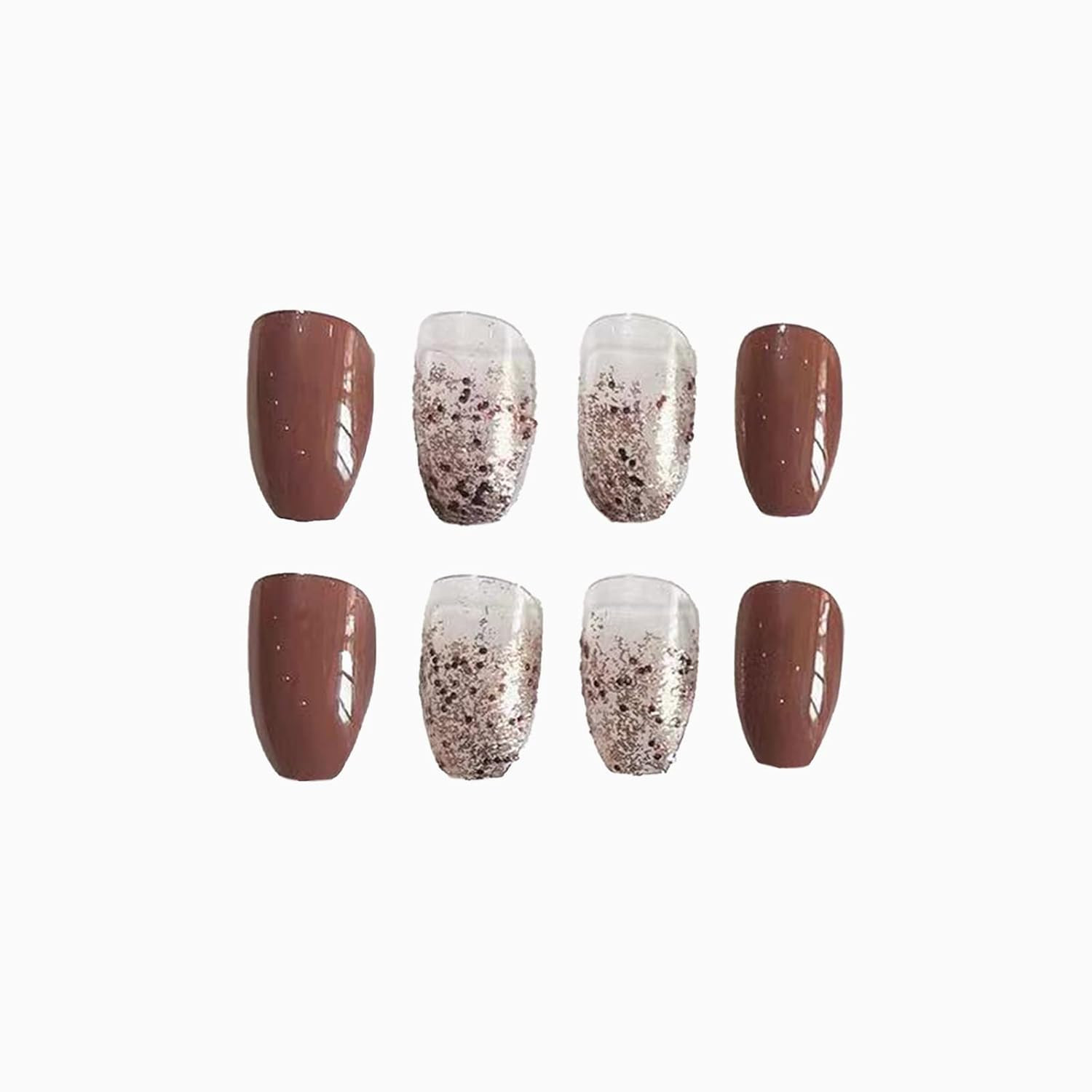 Coffin Press on Nails Medium Ballerina Glossy Glue on Nails Brown Gradient Acryl