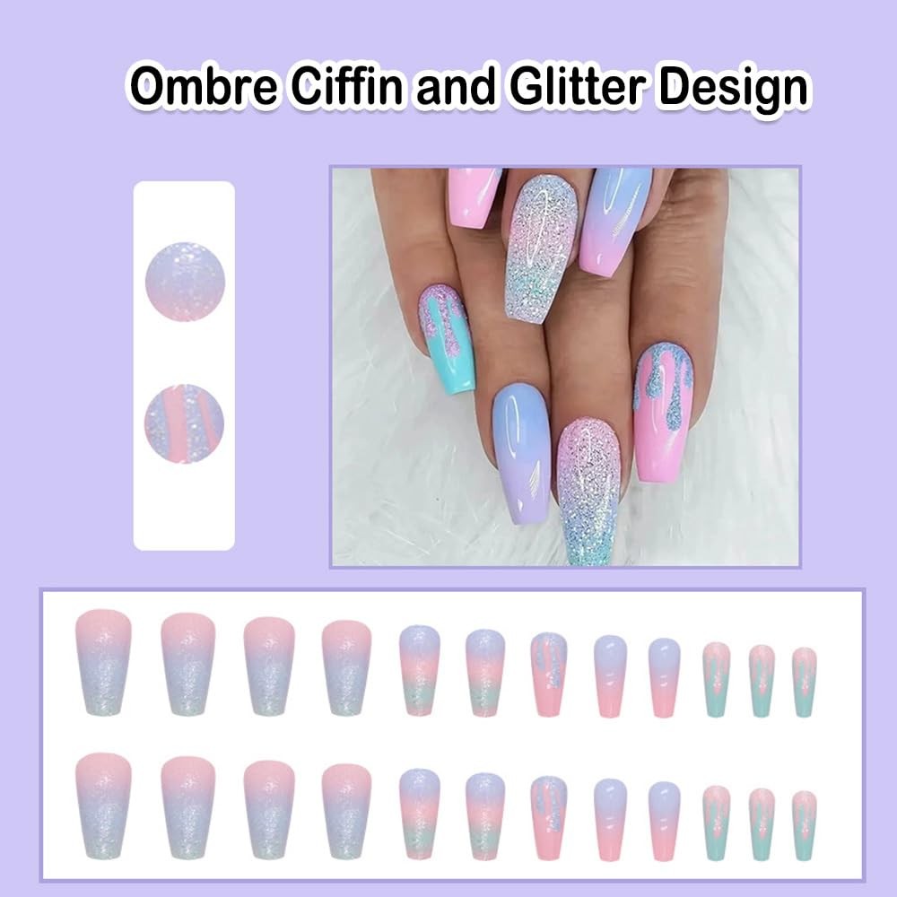 Medium Short Ombre Pink Fake Nails – Press On, Glitter, Gel on Acrylic False …