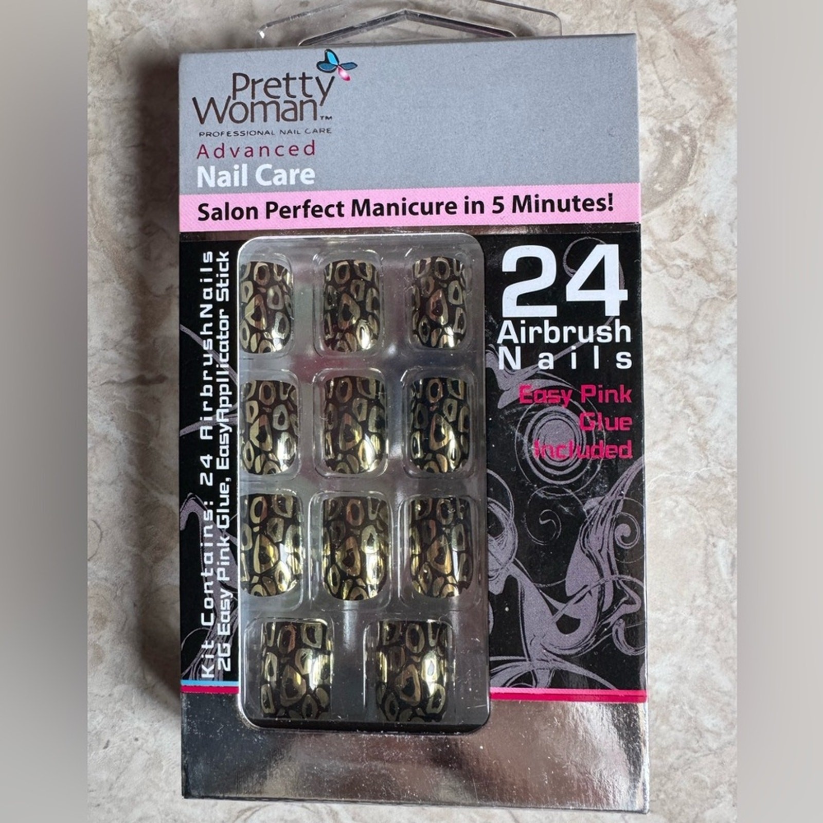 Pretty Woman Airbrush Nails Black Metallic Gold Leopard 24 Nail Set New in Box