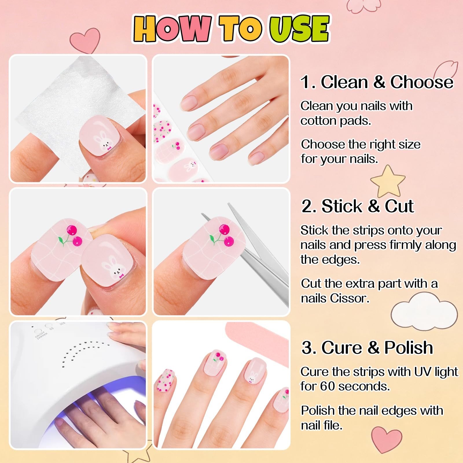 EBANKU Kids Gel Nail Polish Strips Cherry Cute Semi-Cured Nail Art Wraps | Fu…