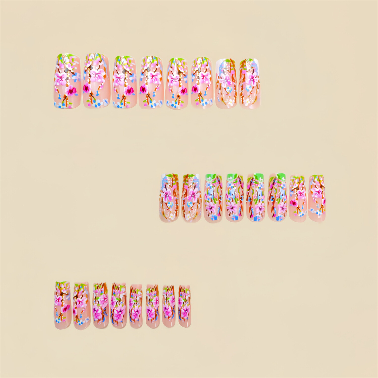 24pcs Colorful Flowers Short Square Press-On Fake Nail Spring Summer Manicure