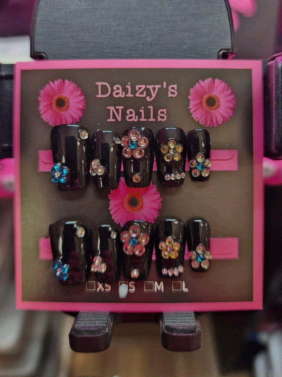 Small Size Black Flower Gems Press-on Nail Set Handmade Squoval 2.0 Cm Length