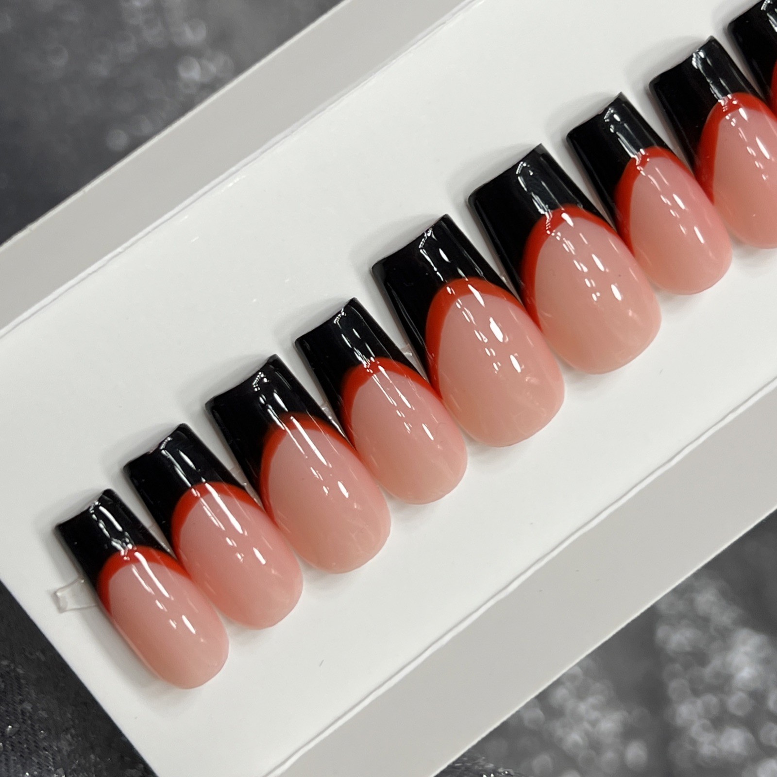 ❤️🖤 CUSTOM Press On Nails FRENCH BLACK RED BLING 10p SET W Kit