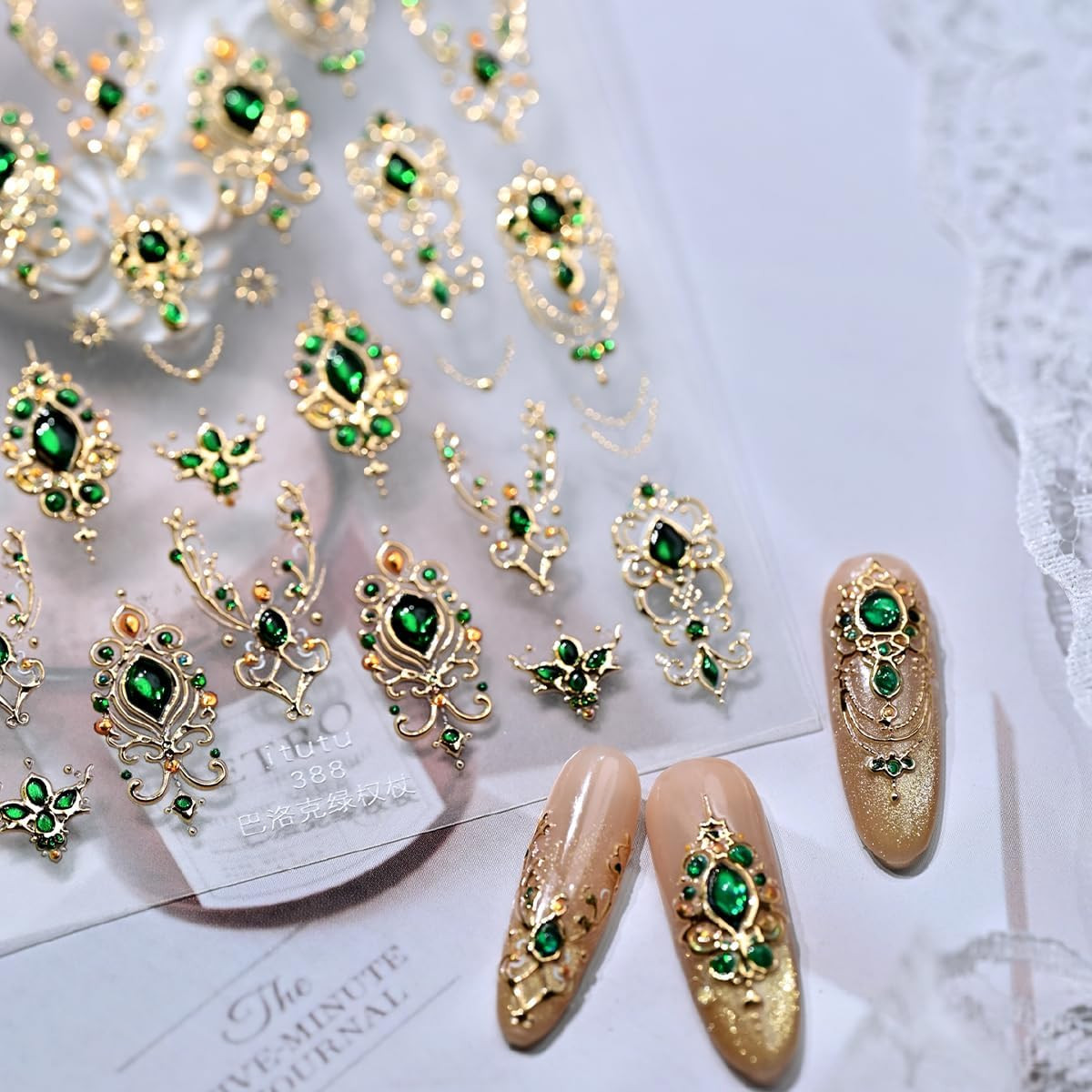 Gold Nail Art Stickers 5D Embossed Green Gem Nail Stickers Luxury Self Style-31