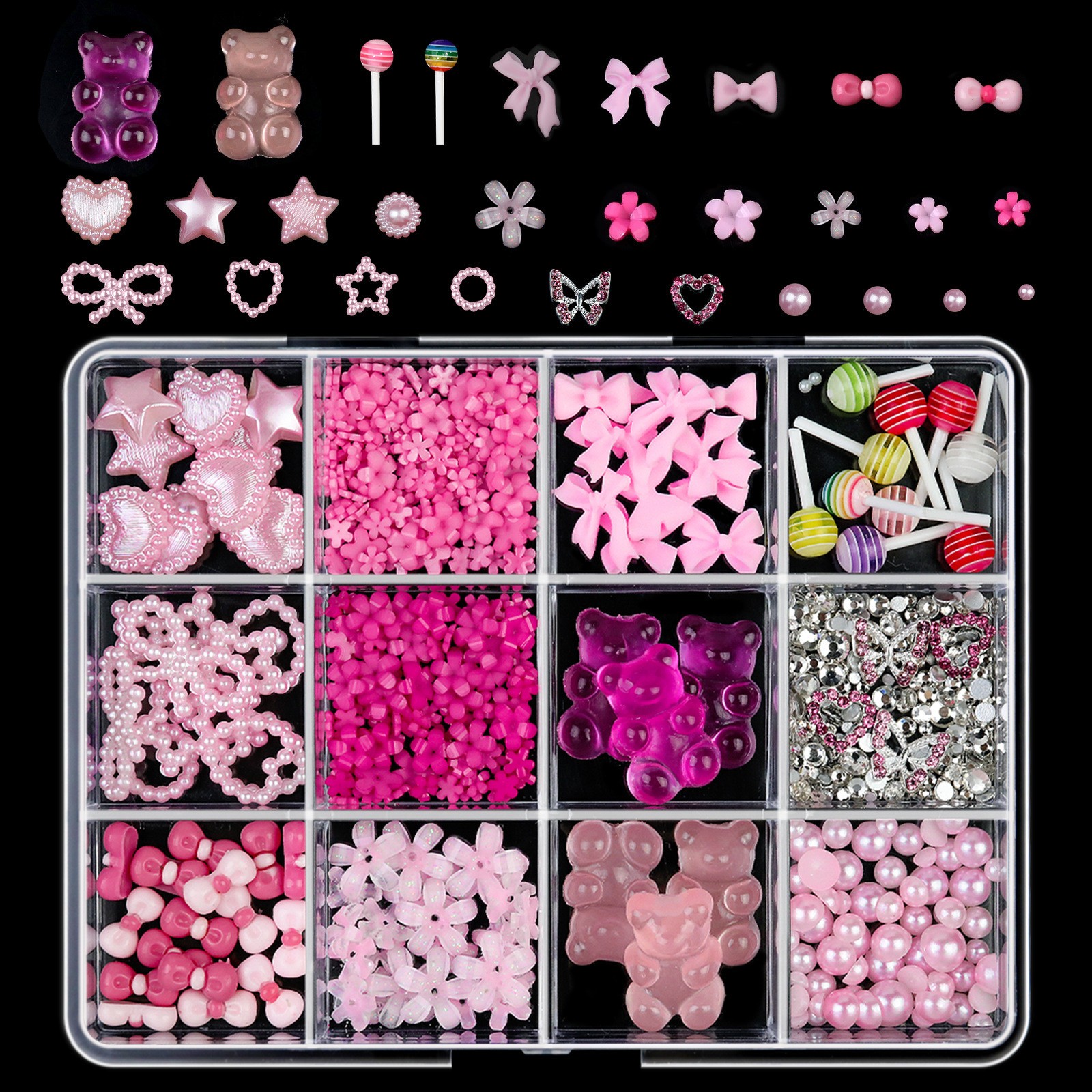 12/15Grids Acrylic Flower Nail Charms Mix Colors Set 3D Flower Nail Art Rhinesto