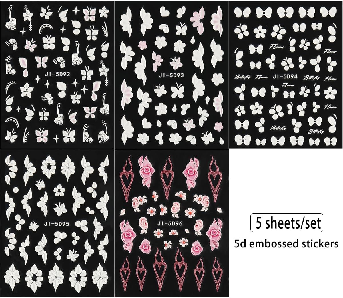 5D Embossed White Flowers Nail Stickers, 5 Sheets Self-Adhesive Floral Nail Deca