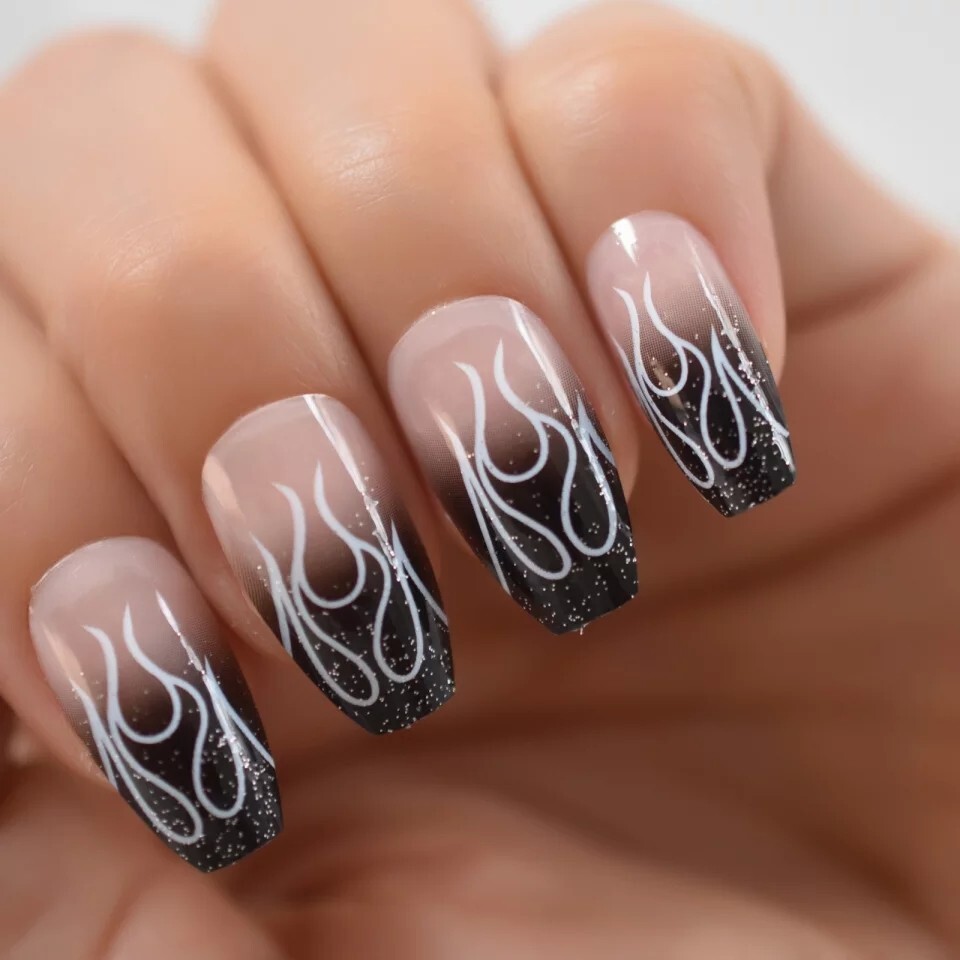 24 Ombre Black Flame Medium Coffin Dark Press On nails Glue Gothic edgy trendy