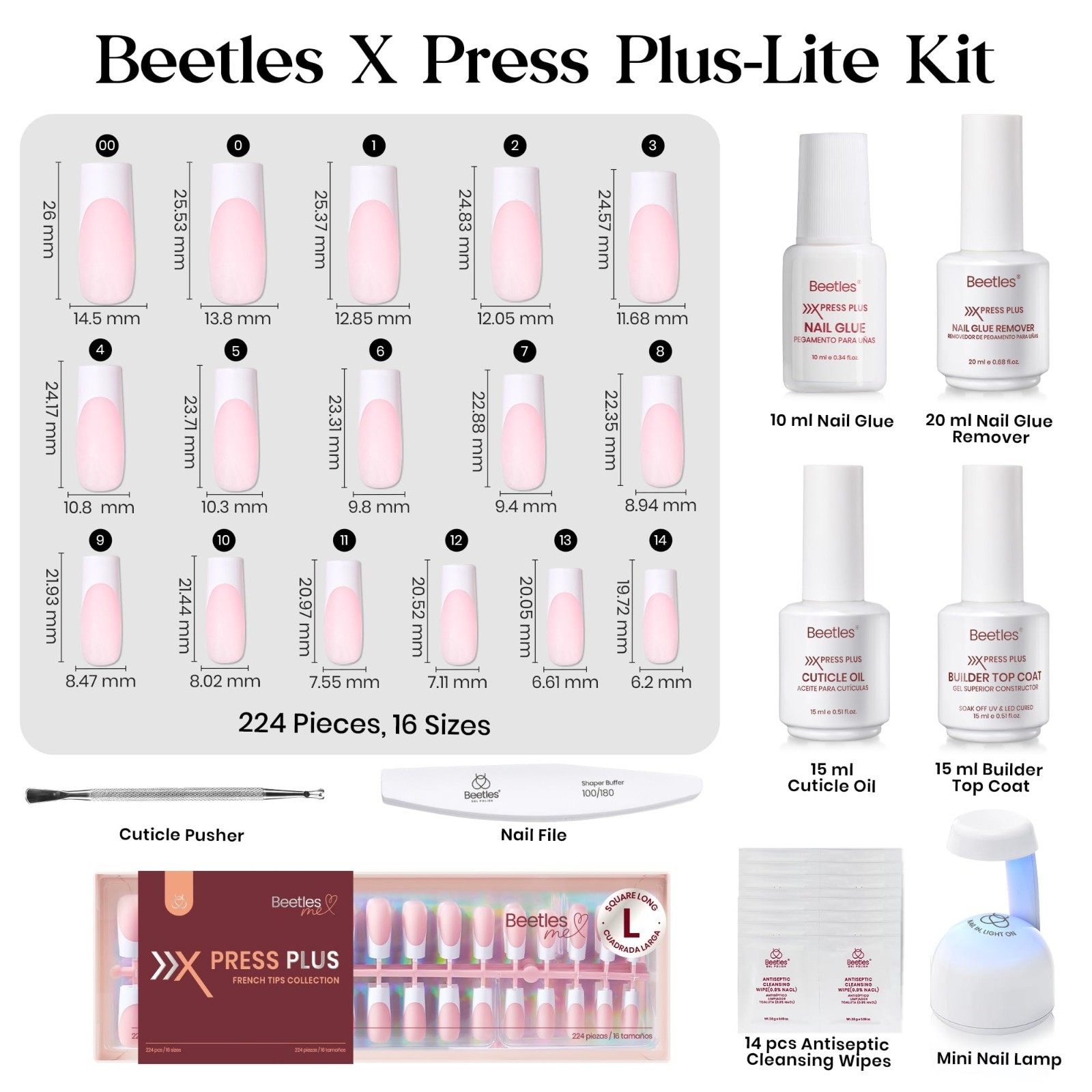 Long Square French Tip Press On Nail Kit – 224 Pcs, 16 Sizes, Glue & Lamp Includ