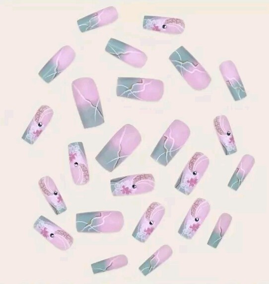 24pcs Set Of Long Square Purple Gradient Press-On Nails With Floral Design