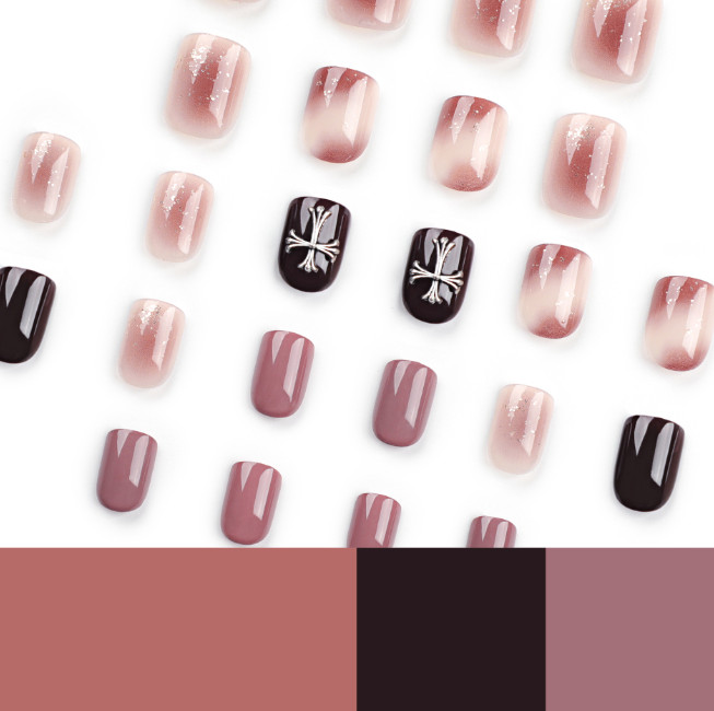 Maillard Color Ombré Glitter Press-On Nails with Cross Pattern, Short Square