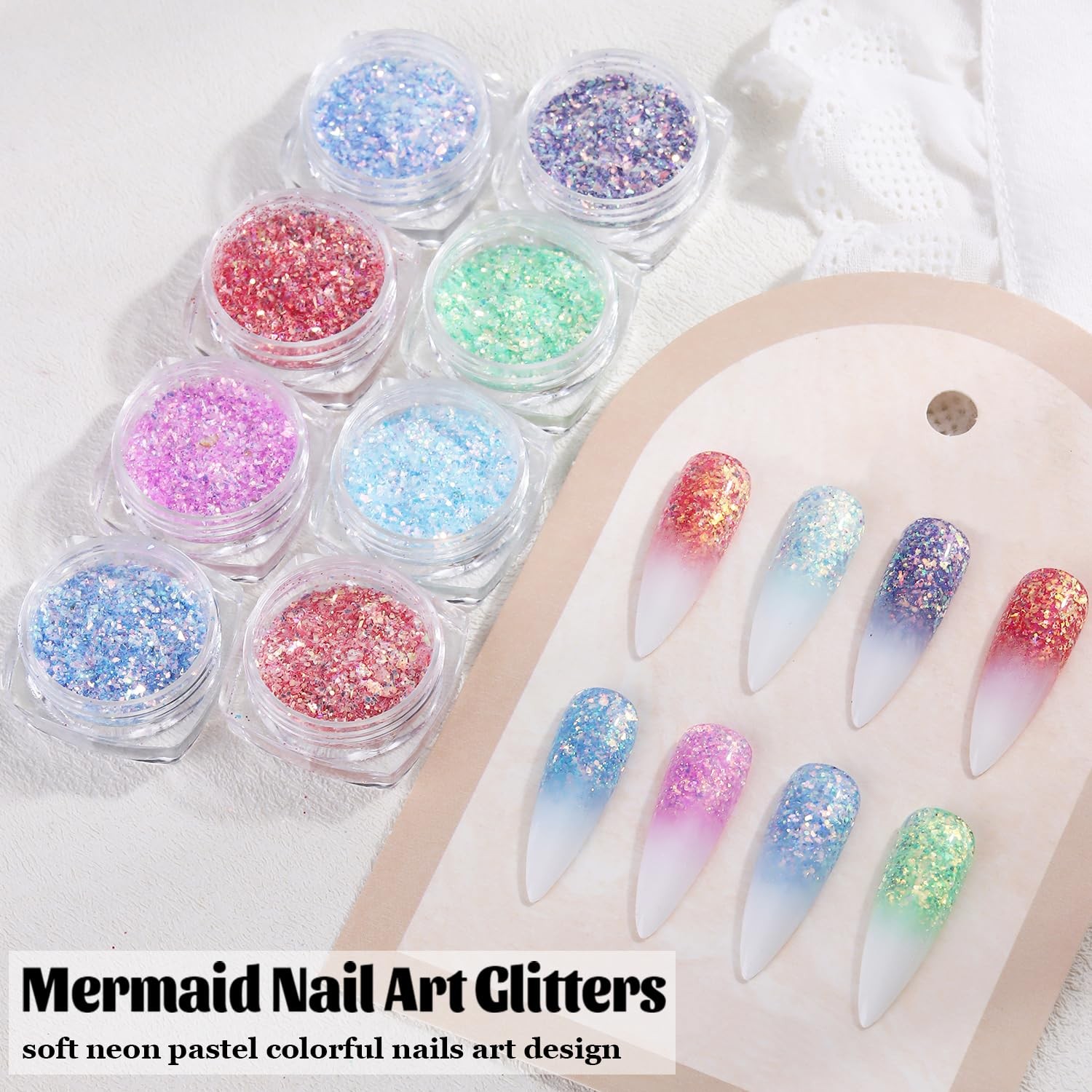 Fcozpjk Flakes for Nails, 8 Colors Summer Mermaid Nail Art Glitters Kit Blue …