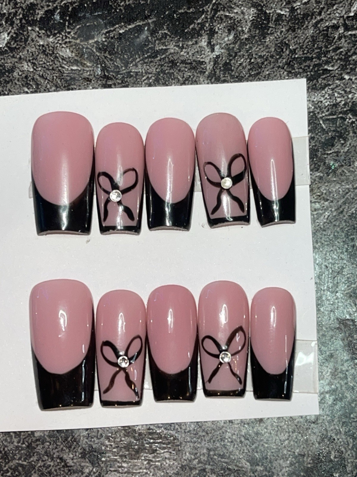 Black French Tip W/ Bow Presson Nails. Prep Kit Included-Size medium Handmade