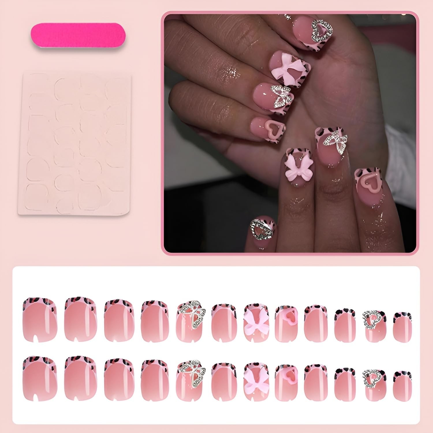 French Tip Press on Nails Short Square Fake Nails Bow Heart Nails Press Ons w…