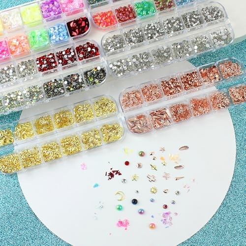 Nail Art Glitter Studs Kit, 6 Boxes Multicolor and Multicolor and design set