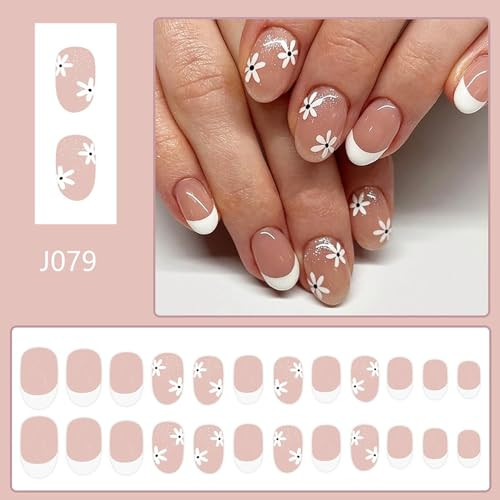 Flower Press on Nails Short Oval SWEKKE White French Tip Fake Almond Nails30