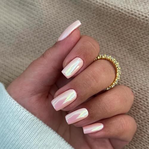 Chrome Square Press on Nails Short Medium, Metallic Fake Nails Coconut Pink