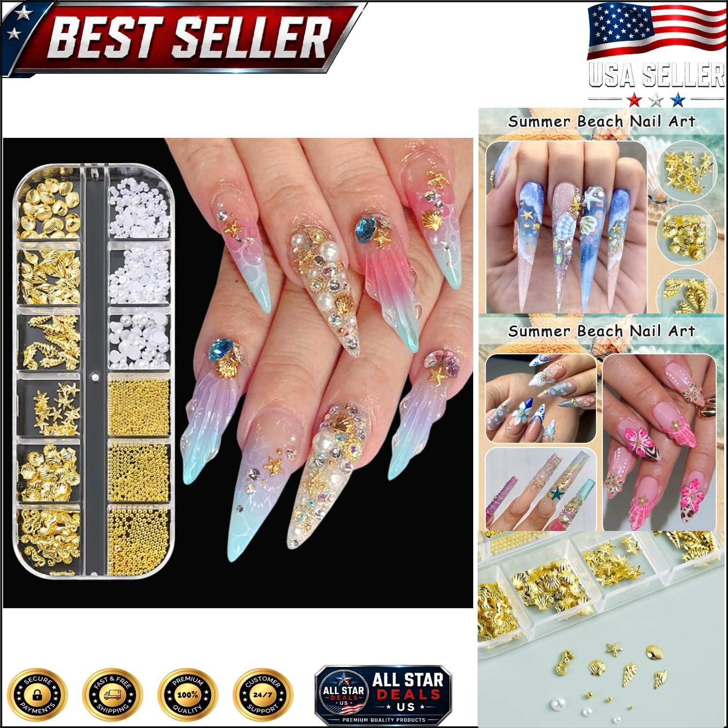Summer Beach-Themed Nail Charms: 200 Gold Studs with Pearls & Caviar Beads