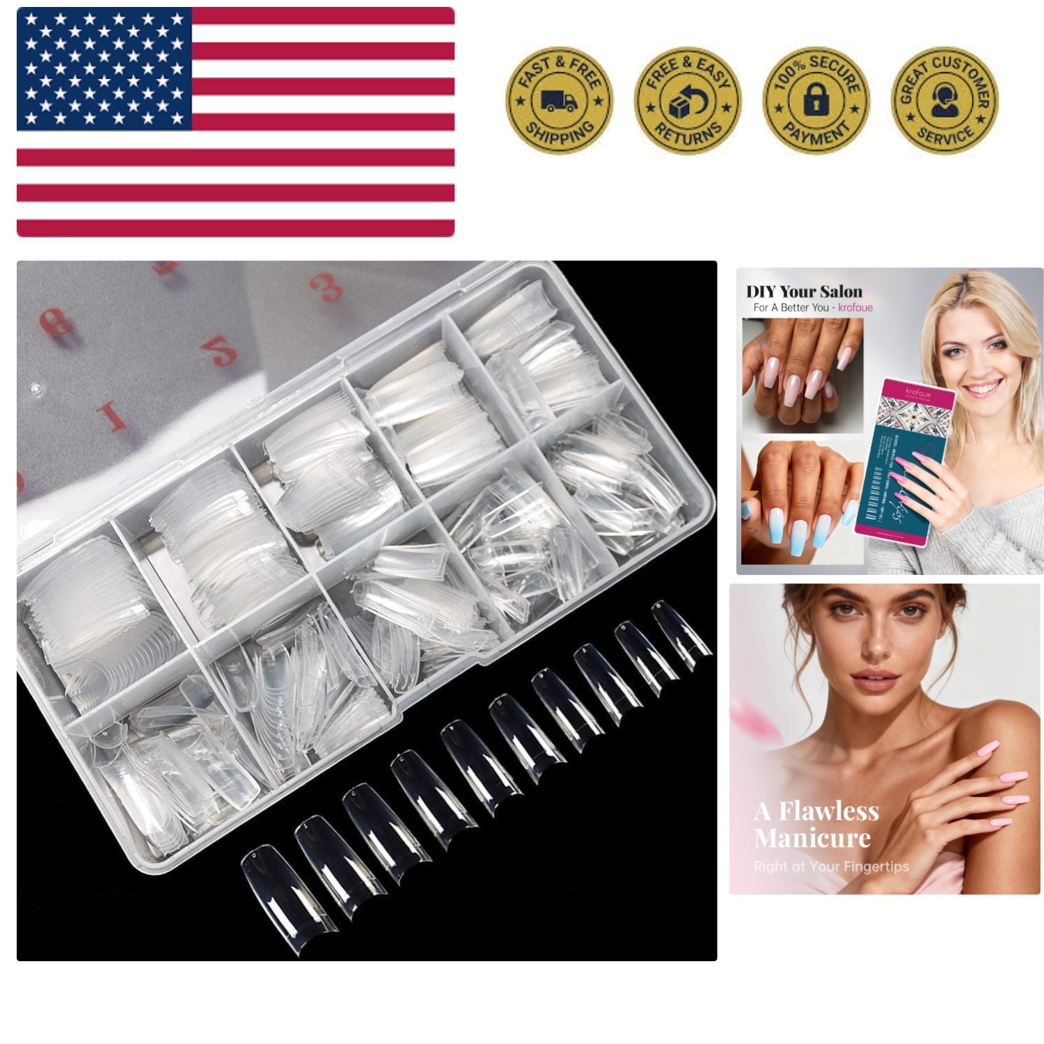 500PCS Clear False Nails Tips – Half Cover Lady French Style Acrylic Artifici…