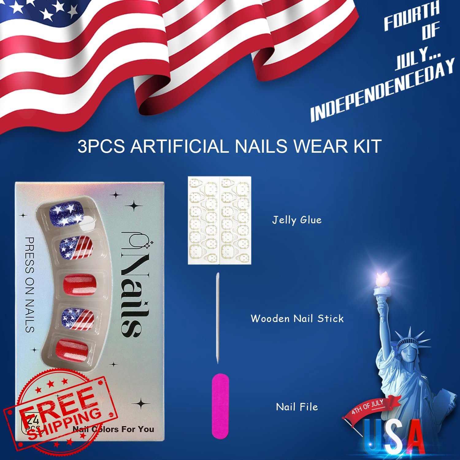 4th of July Press on Nails Flag Red Blue White