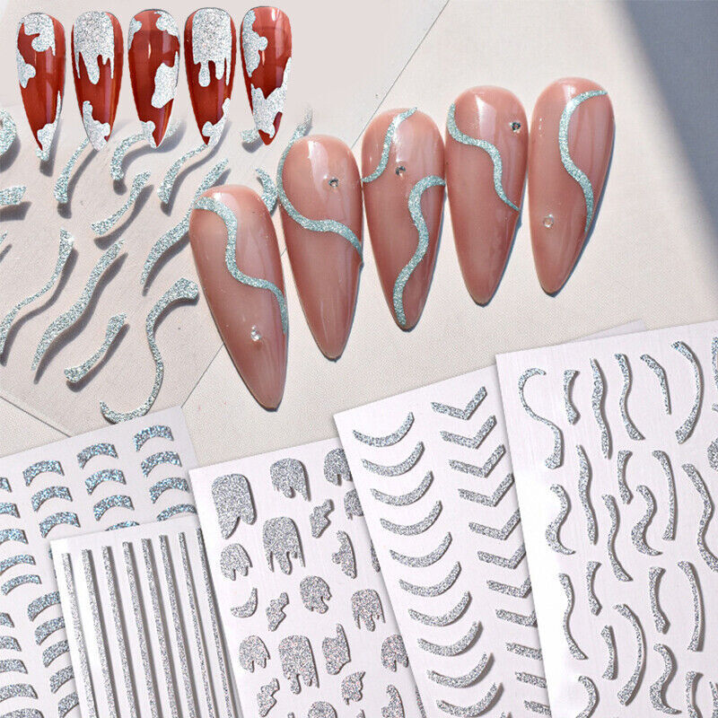 3D French Line Shiny Silver Nail Tip Decals Glitter Diamond Manicure Beauty NS13