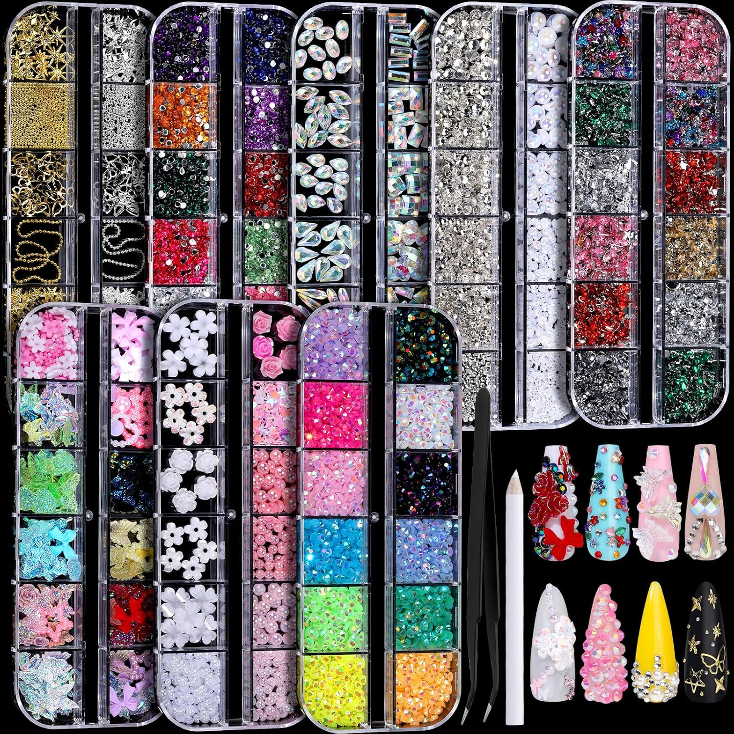 Nail Charms, Nail Rhinestones Kit with 8 Boxes of Nail Gems, Bedazzling Kit for