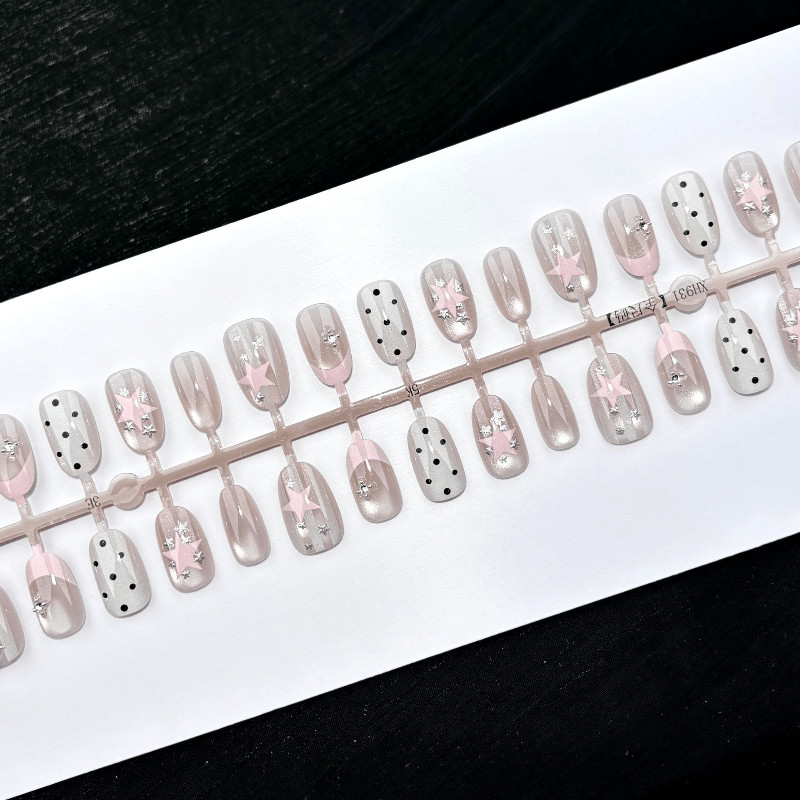 60pcs Short Oval Press on Nails,Nude Pink Black Dot Silver Star Rhinestone Nails
