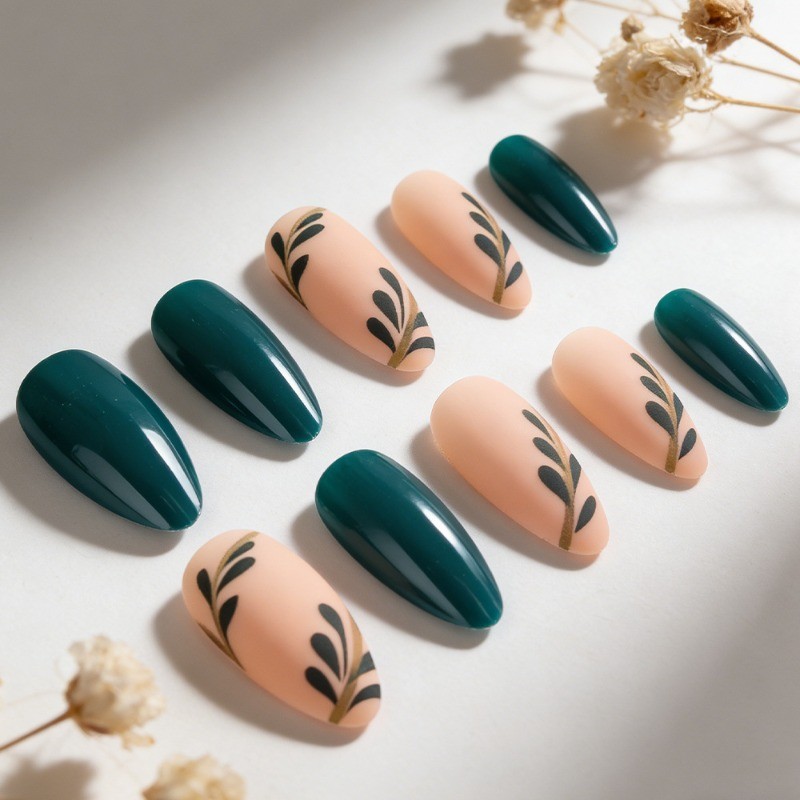 48pcs-Dark Teal Press on Nails, Medium Almond Nude Gold Leaf Accent False Nails