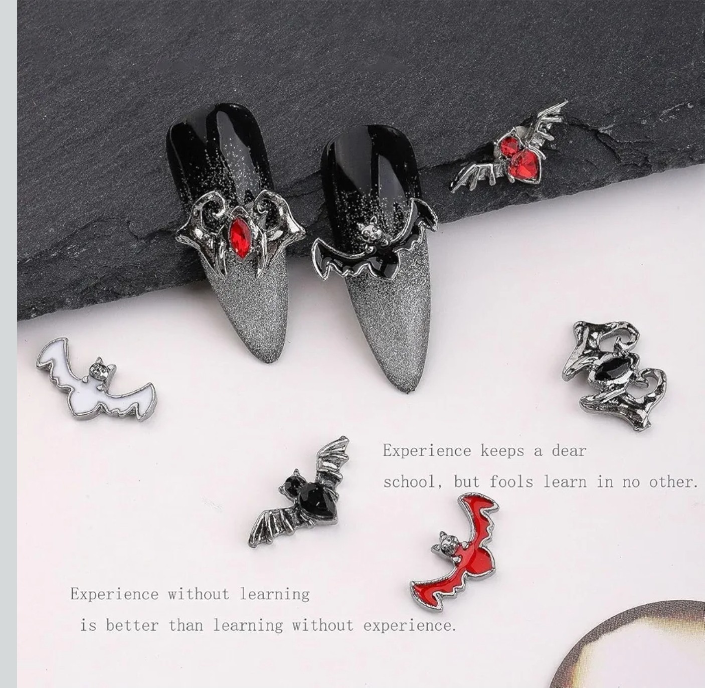 3D Gothic Bat Nail Charms 10pc Set Silver Alloy Vampire Rhinestone Nail Art