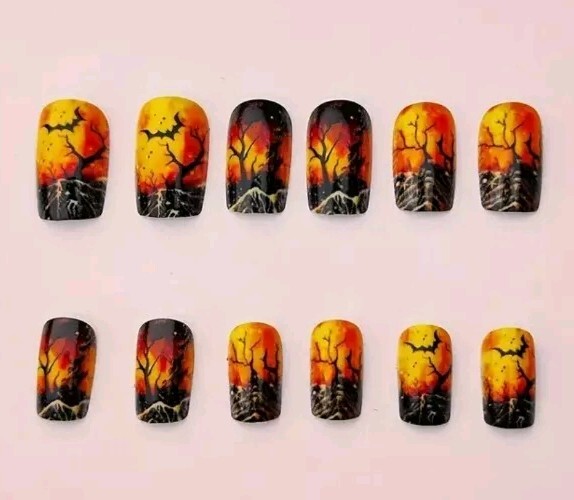 Halloween Fingernails Trees, Bats, Spooky Middle Length Black & Orange Reusable
