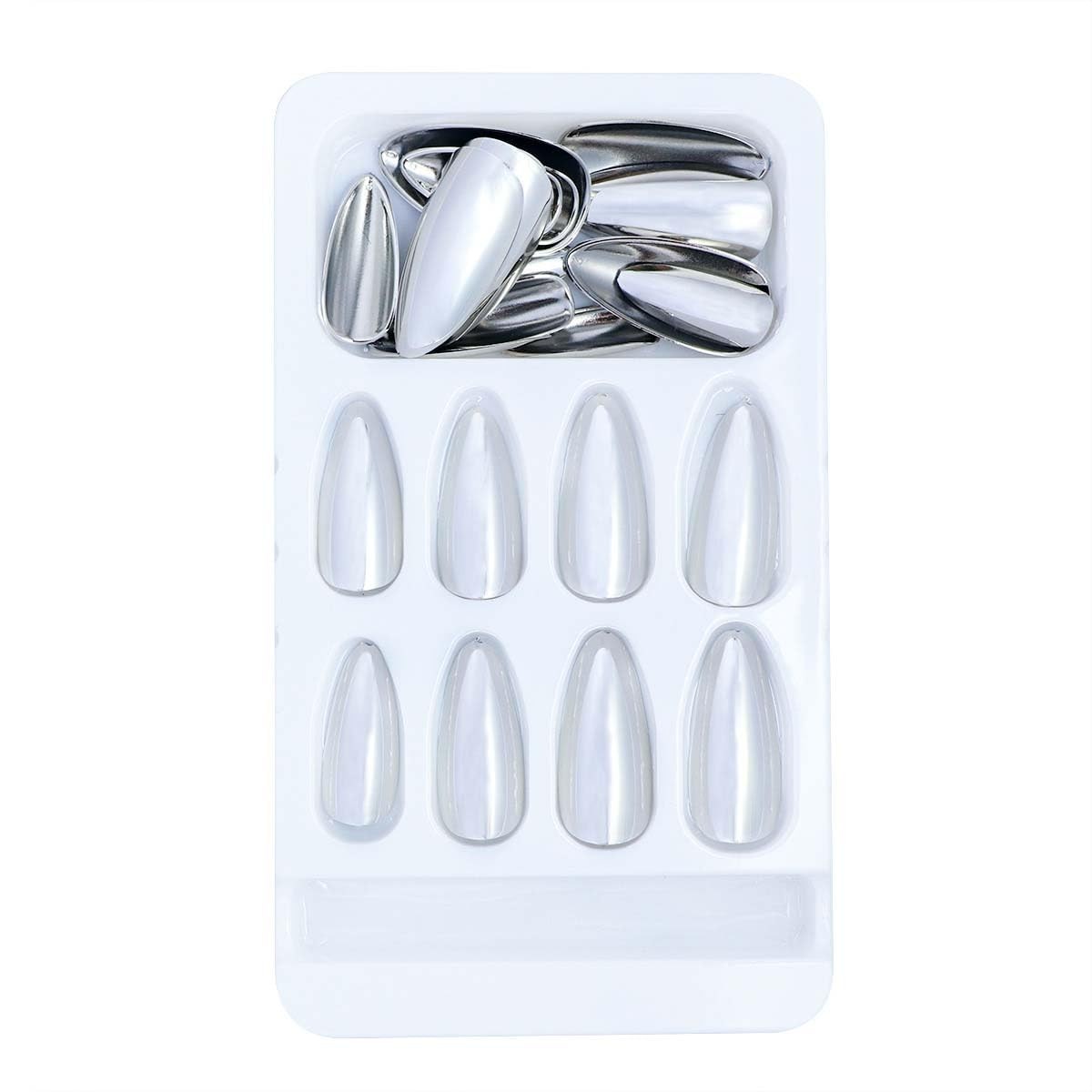 Silver Chrome Press on Nails Almond Fake with Medium Medium,