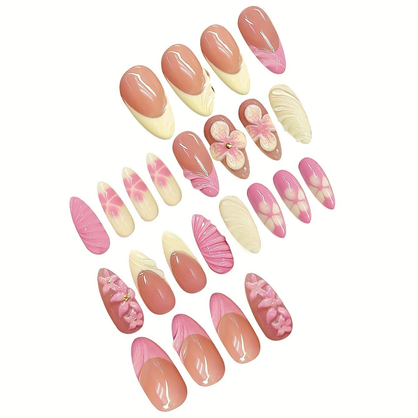 24Pcs Yellow French Tip Press on Nails Medium Almond Fake Nails with 3D Flower G