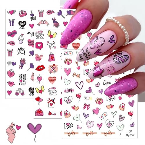 3 Sheets Valentine’s Day Nail Art Stickers Colorful Heart Nail Decals 5D heart