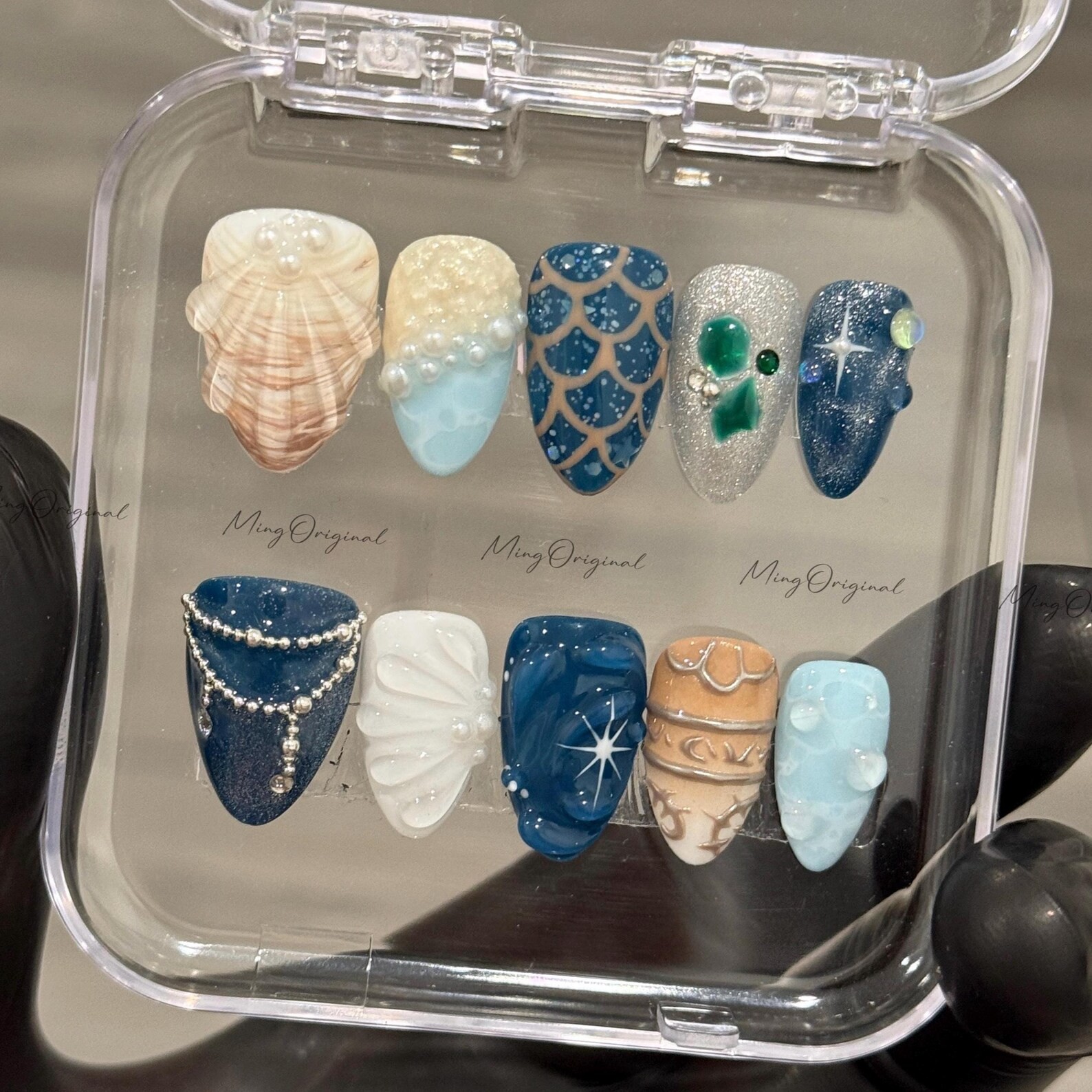 Handmade Deep Sea Scale Shell Butterfly Silver Chain Long Almond Press on Nails