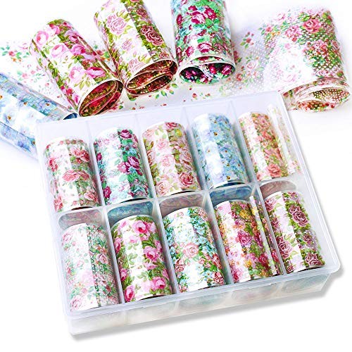 10 Rolls Starry Sky Nail Art Foil Sticker Colorful Flower Rose Nail Transfer