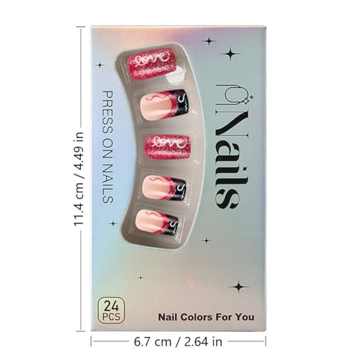 24 Pcs French Tip Press on Nails Short Square Heart Fake Nails with Glitter
