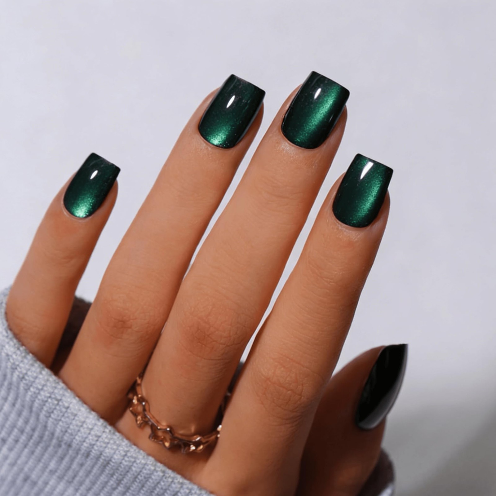 Cat Eye Press On Nails Short, 30 Pcs Glitter Black Turquoise black dark green