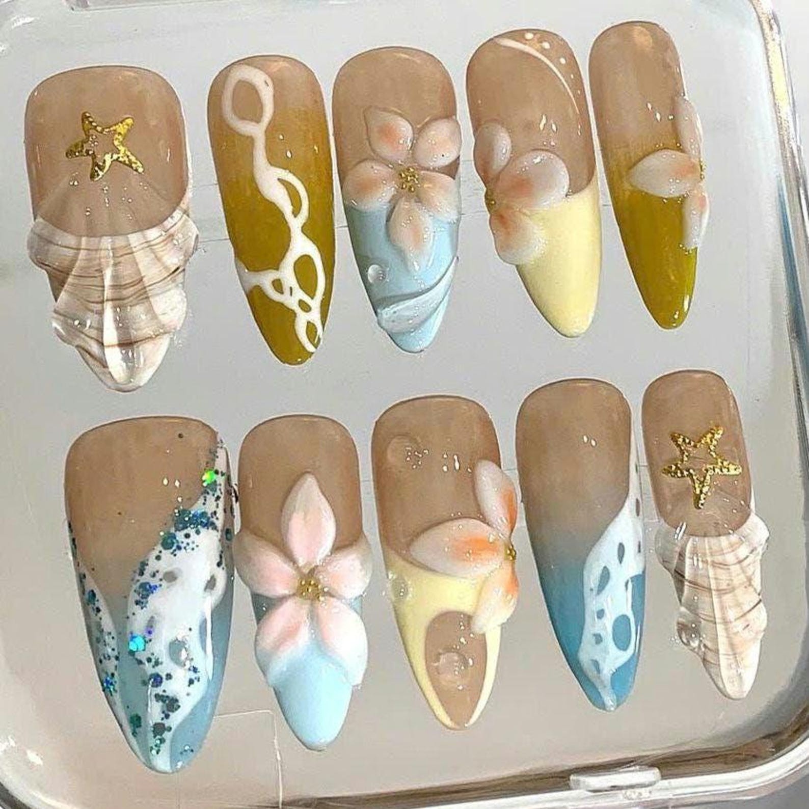 Handmade Ocean 3D Plumeria Starfish Shell Medium Almond Press on Nails
