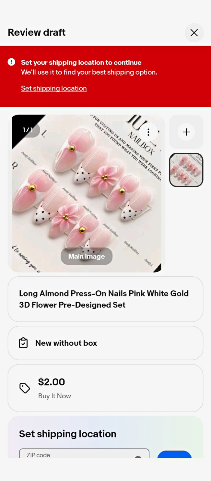 Long Almond Press-On Nails Full Cover Pink White Gold 3D Flower Pre-Designed
