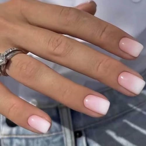 Press on Nails Short Square Acrylic Fake Nails with Apricot Beige White Pink